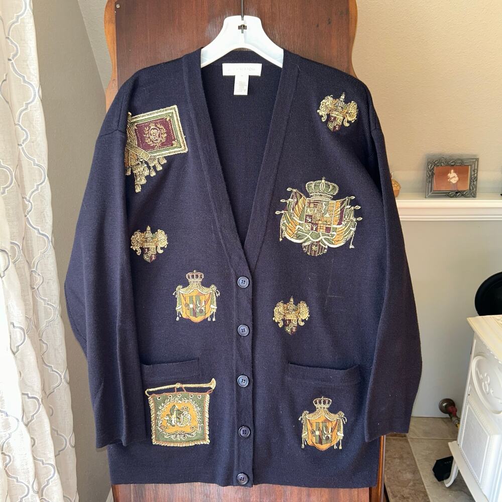 Jones New York BLACK Button Up Cardigan Sweater Crests Women's Size medium